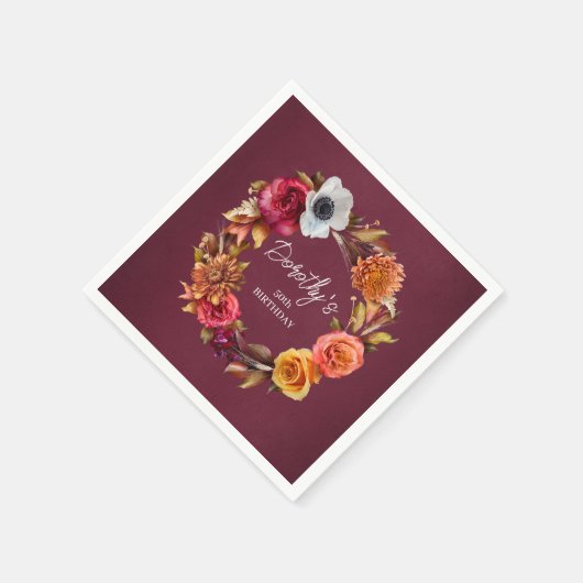 Earth Tone Bourgogne Herfst Flowers 50ste verjaard Servet (Hoek)