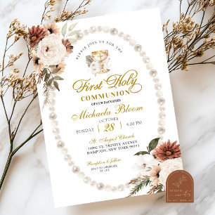 Earth Tone Floral Pearl Eerste Heilige Communie Kaart