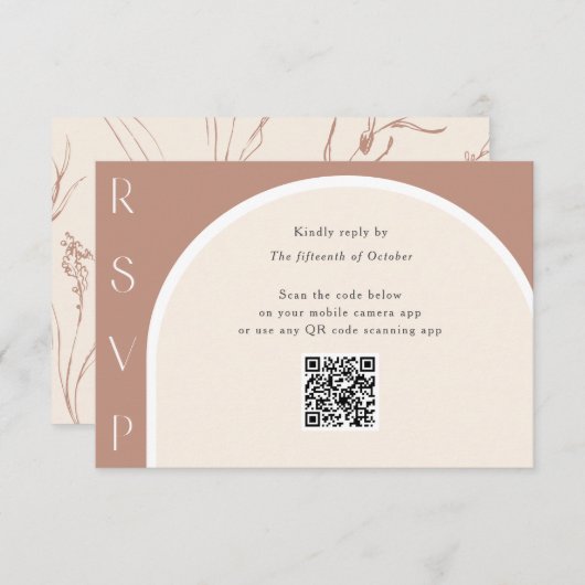 Earth Tone Modern Simple Arch QR code bruiloft RSVP Kaartje (Voorkant / Achterkant)