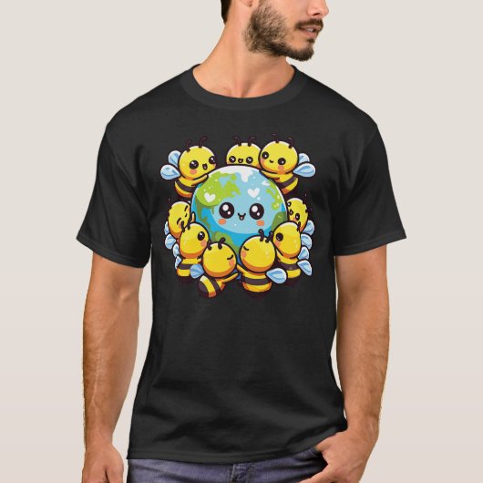 Earth World Globe Bee Kawaii Bees T-shirt (Voorkant)
