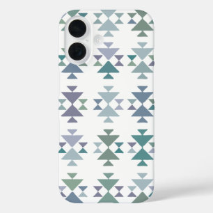 Earthy Blue Green Geometric Driangle Aztec Pattern iPhone 16 Hoesje