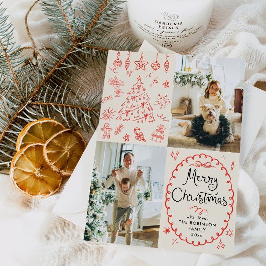 Earthy Boho Hand getekend Vrolijk Kerstfeest 2 Fot Feestdagenkaart