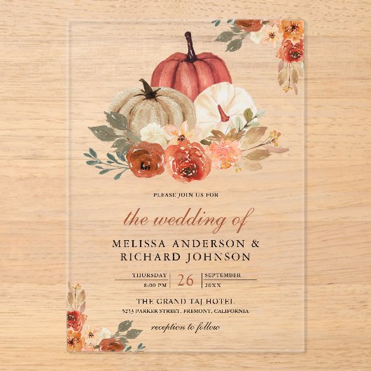 Earthy Burnt Orange Floral Pumpkin Wedding Acryl Uitnodigingen (Voorkant)