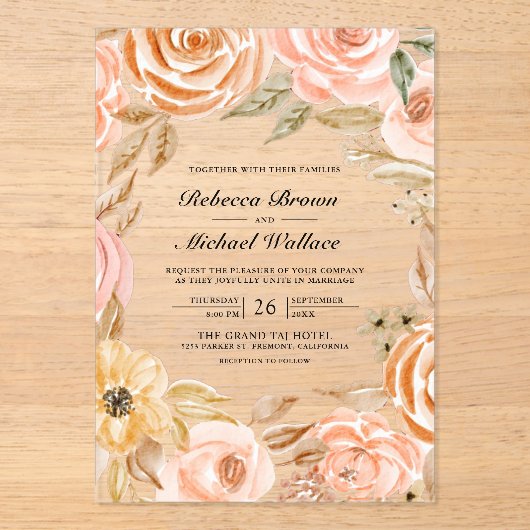 Earthy Floral Fall Autumn Wedding Acryl Uitnodigingen (Voorkant)