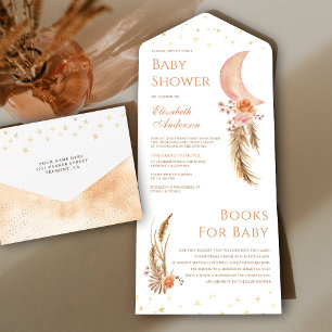 Earthy Floral Pampas Crescent Moon Baby shower All In One Uitnodiging