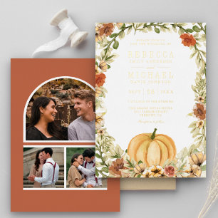 Earthy Floral Pumpkin Foto Collage Wedding Gold Folie Uitnodiging