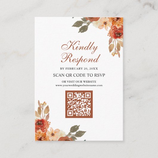 Earthy Floral Terracotta QR Code RSVP Wedding Informatiekaartje (Voorkant)