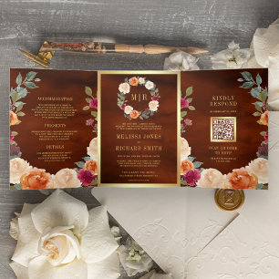 Earthy Floral Wreath QR Code Terracotta Wedding Drieluik Uitnodiging