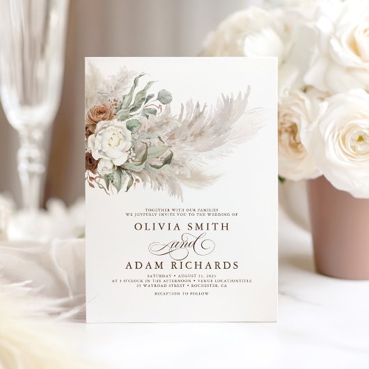 Earthy Greenery Floral Pampas Grass Boho Wedding Kaart