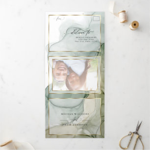 Earthy Greens and Golds Abstract Ink Tri-Fold Inv Drieluik Uitnodiging