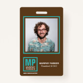 Earthy Natural Brown Turquoise Monogram Logo Foto Badge (Voorkant)