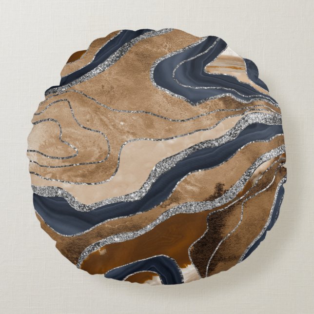 Earthy Navy Blue Marble Agate Silver Glitter 1 Rond Kussen (Voorkant)