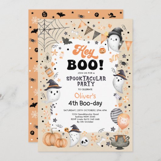 Earthy Oranje Black Halloween Ghost Boy Birthday Kaart (Voorkant / Achterkant)