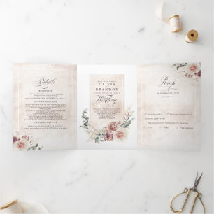 Earthy Shade Flowers Elegant Boho Wedding Drieluik Uitnodiging