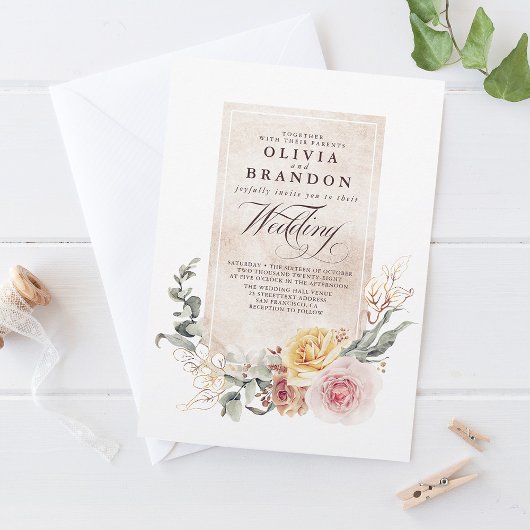 Earthy Shades Flowers Boho Elegant Wedding Kaart