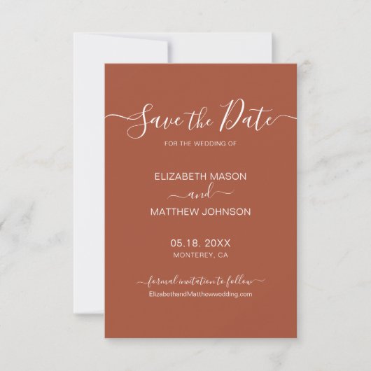 Earthy Terracotta Rust Minimalist Script Wedding Save The Date (Voorkant)