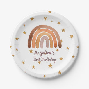 Earthy Tone Waterverf Rainbow First Birthday    Papieren Bordje