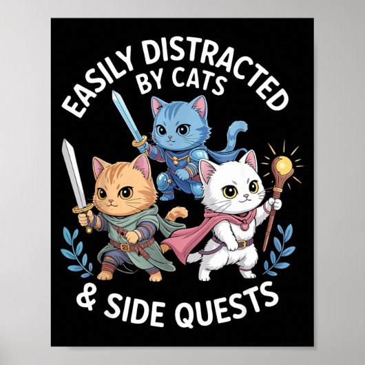 Easily Distracted By Cats &amp; Side Quests Funny  Poster (Voorkant)
