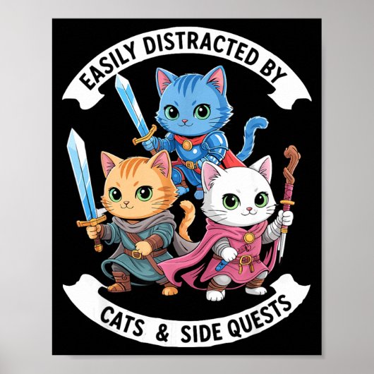 Easily Distracted By Cats & Side Quests Funny Poster (Voorkant)