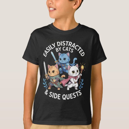 Easily Distracted By Cats &amp; Side Quests Funny  T-shirt (Voorkant)