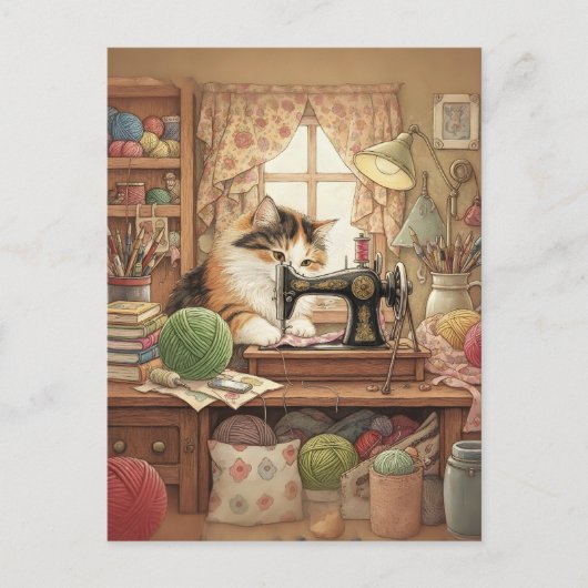 Easily Distracted By Cats And Sewing - Cat Sewing Briefkaart (Voorkant)