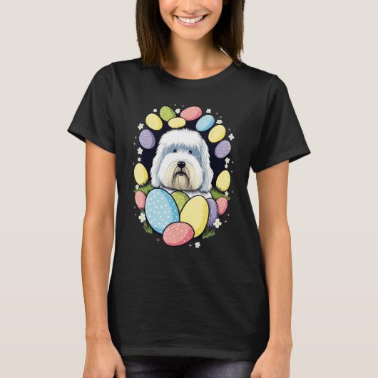 Easter Bobtail Bunny Eggs Dog on Easter Old Englis T-shirt (Voorkant)