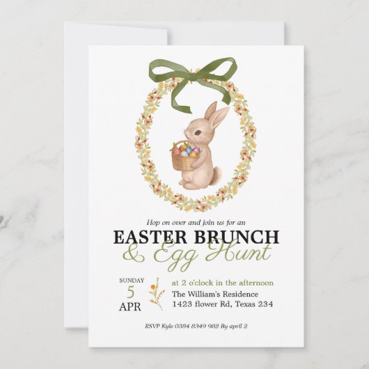 Easter Brunch and Egg Hunt Bunny Floral Invitation (Devant)
