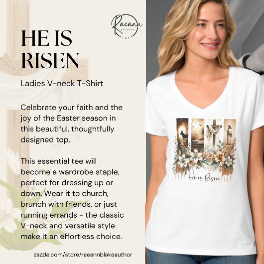 Easter Brushstroke 'He Is Risen' V-Neck T-Shirt