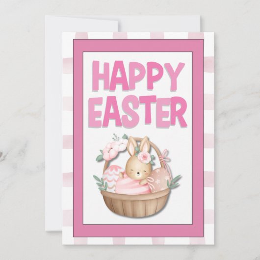 Easter Bunny Basket & Pink Plaid Feestdagenkaart (Voorkant)