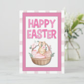 Easter Bunny Basket & Pink Plaid Feestdagenkaart (Staand voorkant)