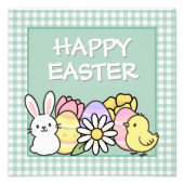 Easter Bunny Chick Eggs Green Gingham Foto Afdruk (Voorkant)