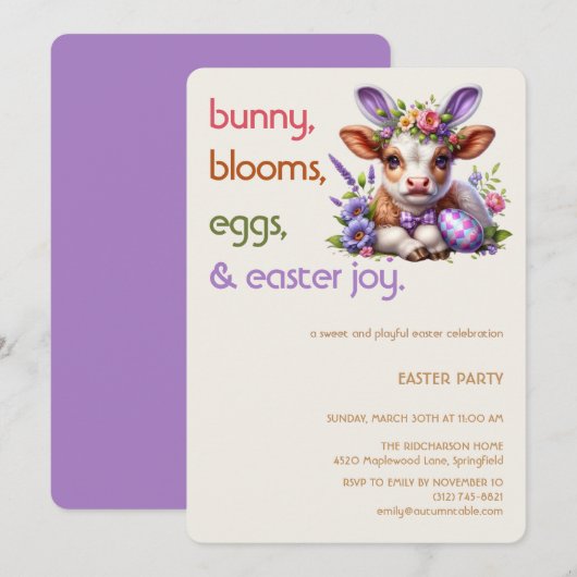 Easter Bunny Cow Invitation | Kid easter party (Devant / Derrière)