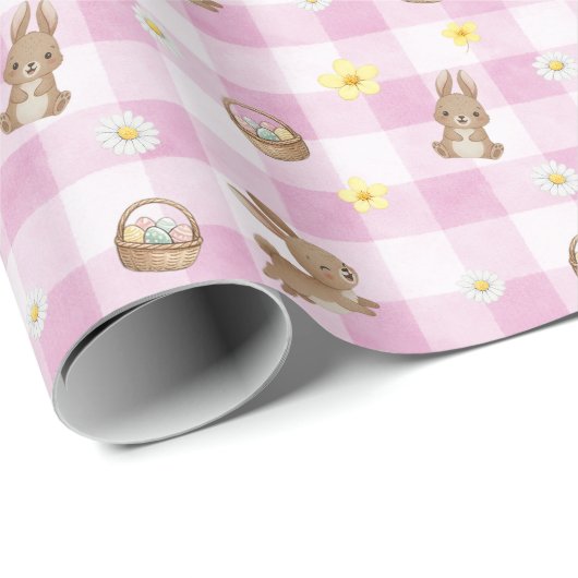 Easter Bunny Pink Gingham Wrapping Paper Cadeaupapier (Rol Hoek)