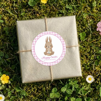 Easter Bunny Pink Watercolor Gingham Ronde Sticker