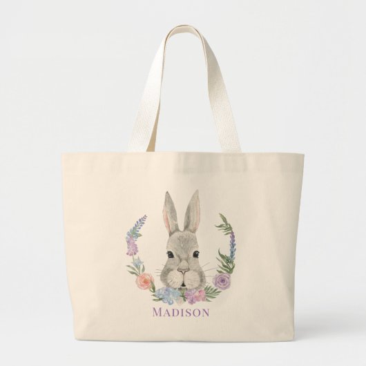 Easter Bunny Rabbit Waterverf Floral Grote Tote Bag (Voorkant)