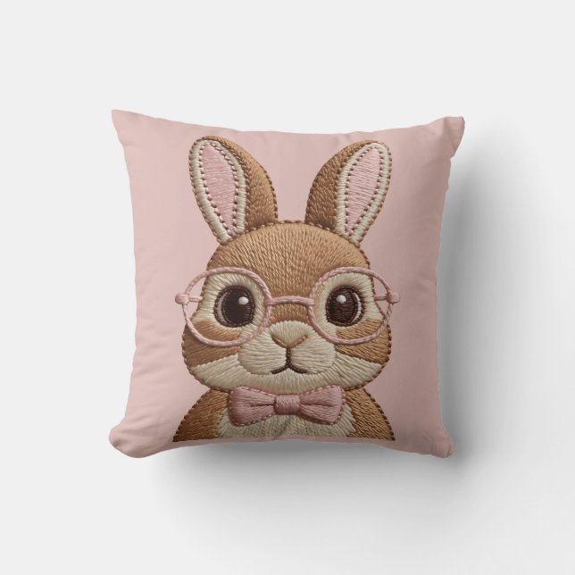 Easter Bunny with Glasses & Bow – Embroidered Look Kussen (Voorkant)
