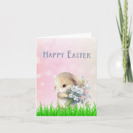 Easter Bunny with Pink and Blue Flowers Card Feestdagen Kaart