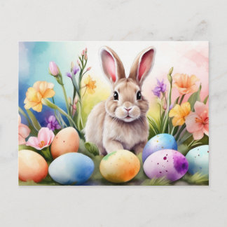 Easter Bunny with Spring Flowers, Painted Eggs Feestdagenkaart