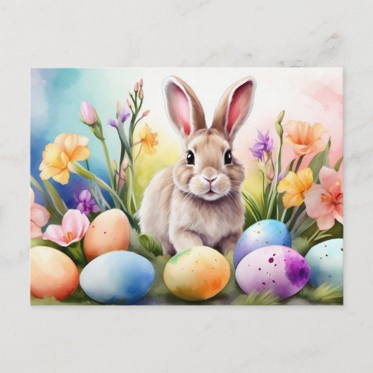 Easter Bunny with Spring Flowers, Painted Eggs Feestdagenkaart (Voorkant)