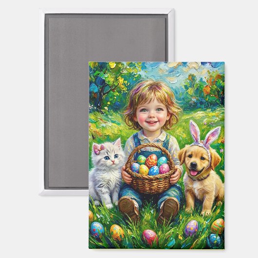 ~ EASTER Child Puppy Kitten Eggs ~  Magnet (Recto/Verso)