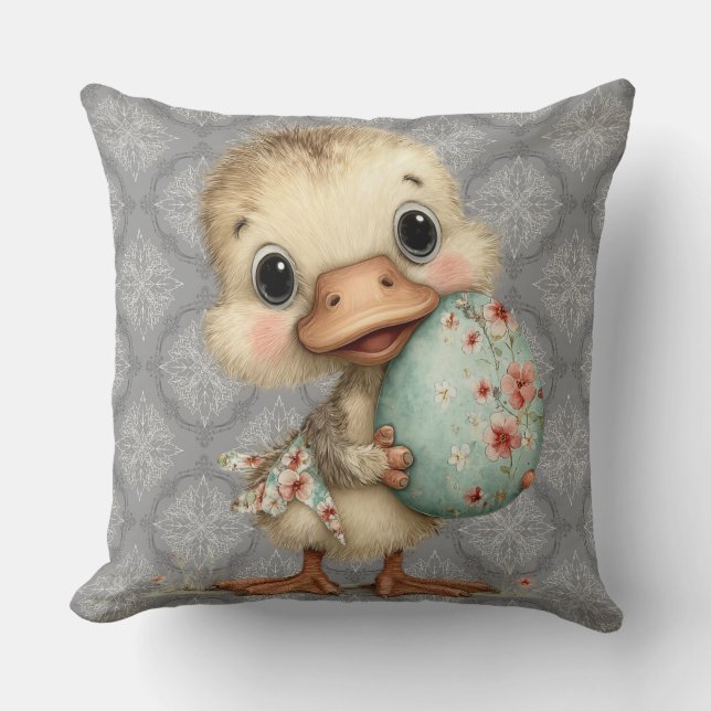 Easter Duckling Gray Damask Pattern Throw Pillow Kussen (Voorkant)