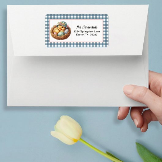 Easter Duckling with Eggs on Blue Gingham Plaid Etiket