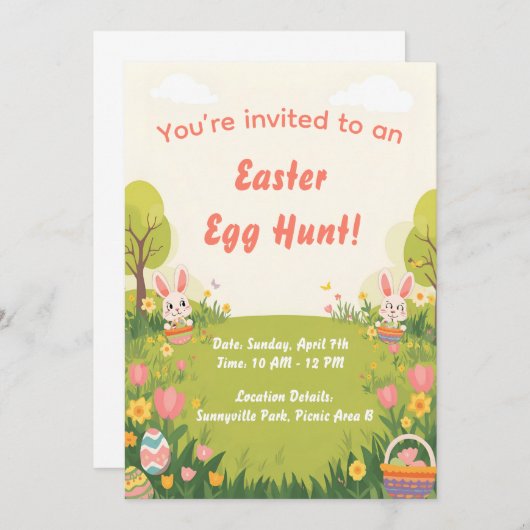 Easter Egg Hunt Invitation – Cute Spring invite (Devant / Derrière)