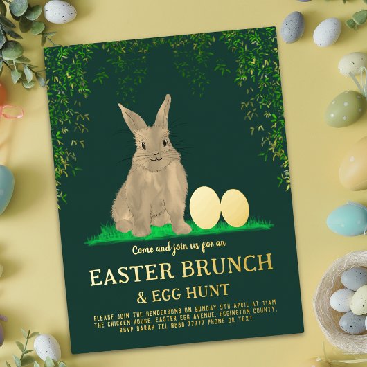 Easter Egg Hunt Spring Brunch Cute Bunny Eggs Gold Folie Uitnodiging