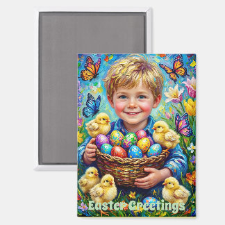 ~ EASTER GREETINGS ~ Child Chicks Eggs ~  Magnet Magneet