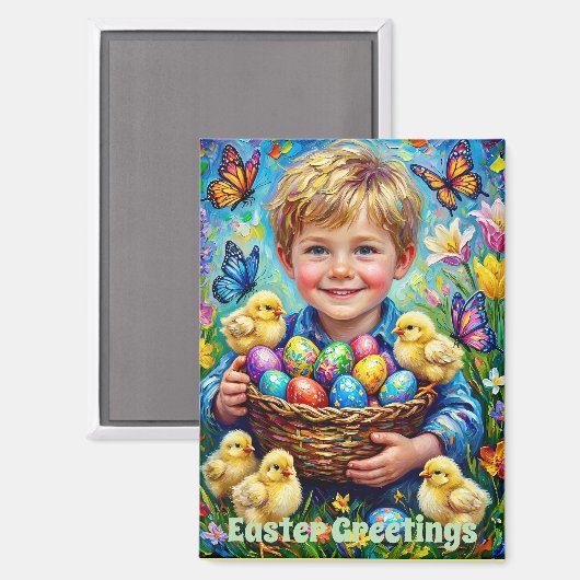 ~ EASTER GREETINGS ~ Child Chicks Eggs ~  Magnet Magneet (Voorkant / Achterkant)