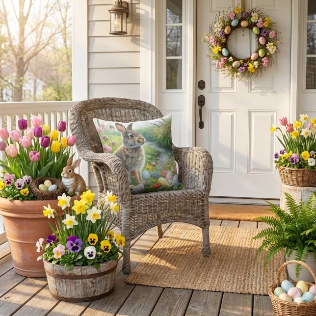 Easter Holiday Rabbit Nature  Buitenkussen (spring season porch or patio outdoor pillow. )