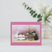Easter Rabbit Pulling Flower Cart Feestdagenkaart (Staand voorkant)