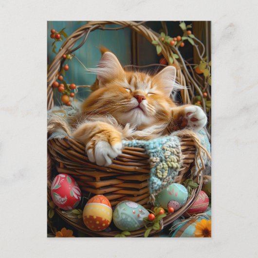 Easter Season Cute Cat Sleeping in Wicker Basket Briefkaart (Voorkant)