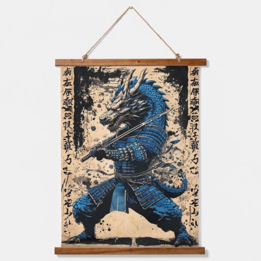 Eastern Blue Dragon Samurai Warrior - Japanse inkt Hangend Wandkleed (Voorkant)